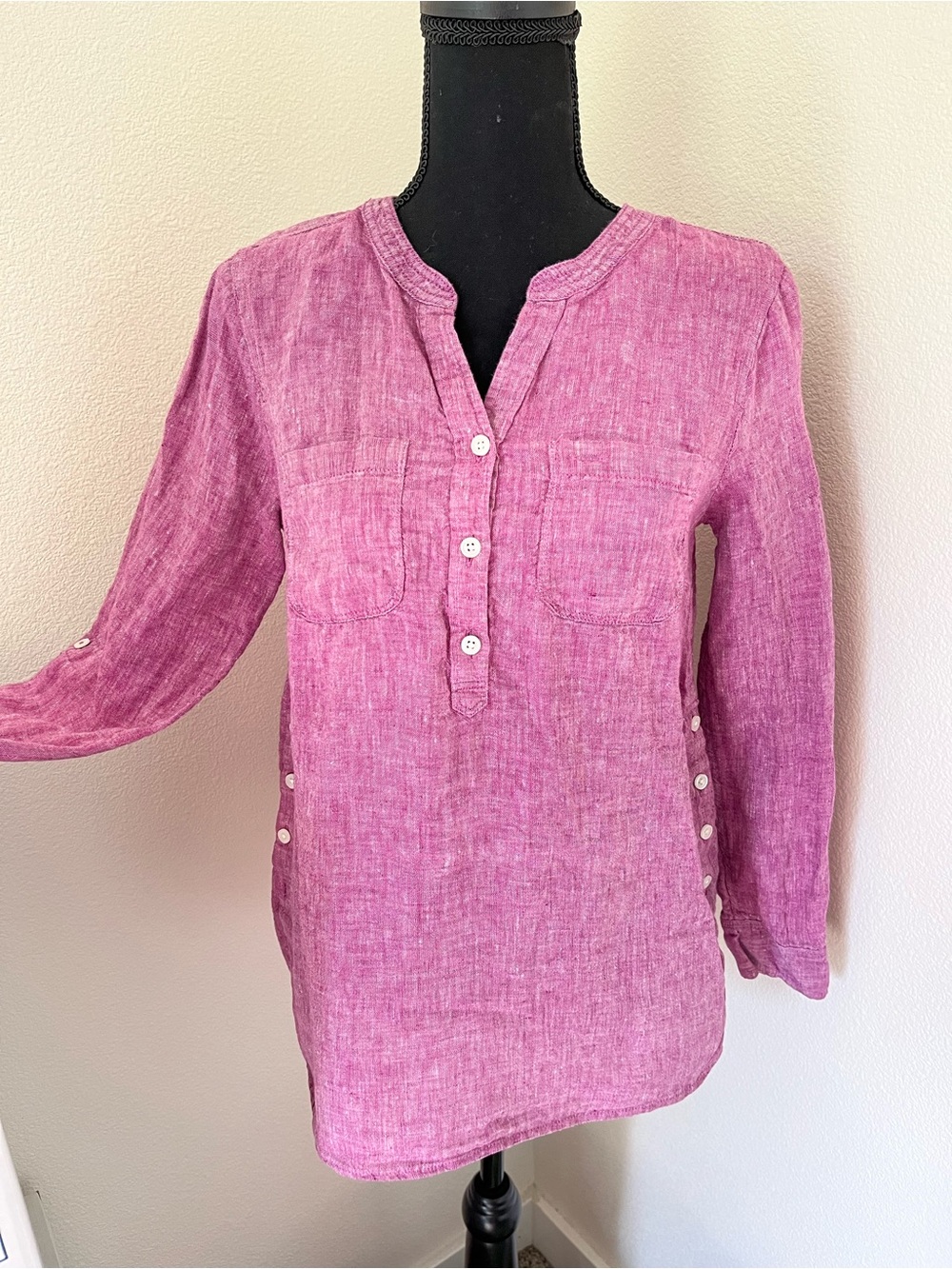 Talbots Pink Linen Button-Front Henley Tunic